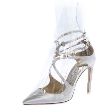 Pre Owned Jimmy Choo X OFF-WHITE Pearl White/Clear Satin and TPU Claire Pointed Toe Pumps Size 38