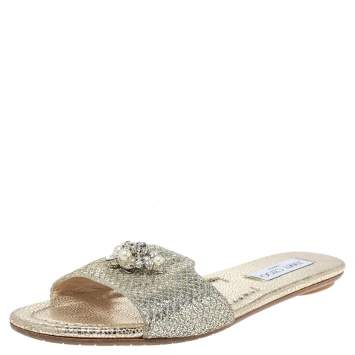 Pre Owned Jimmy Choo Gold Glitter Fabric Crystal Embellished Flat Slides Size 38