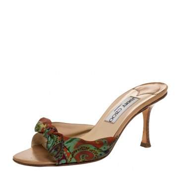 Pre Owned Jimmy Choo Multicolor Printed Satin Bow Slides Size 36