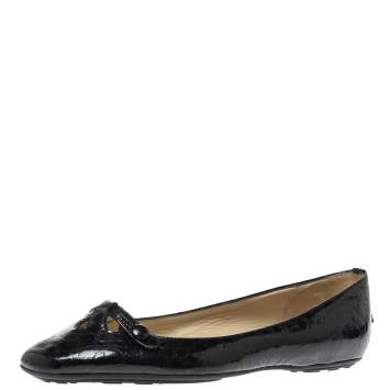 Pre Owned Jimmy Choo Black Python Print Patent Leather Laser Cut Ballet Flats Size 36.5