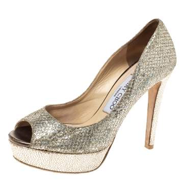 Pre Owned Jimmy Choo Metallic Gold Lamè Glitter Fabric Dahlia Platform Peep Toe Pumps Size 35.5