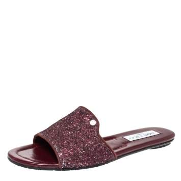 Pre Owned Jimmy Choo Burgundy Twilight Glitter Fabric Nanda Slide Flats Size 38.5