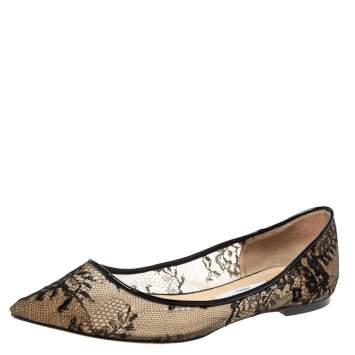 Pre Owned Jimmy Choo Black Mesh and Lace Romy Pointed Ballerina Size 38