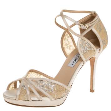 Pre Owned Jimmy Choo White Lace And Satin Fable Platform Ankle Wrap Sandals Size 38.5  