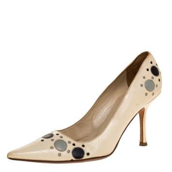Pre Owned Jimmy Choo Cream Leather Circle Detail Pointed Toe Pumps Size 38.5