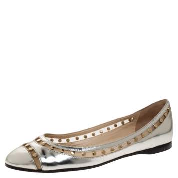 Pre Owned Jimmy Choo Metallic Silver Leather and Mesh Studded Wes Ballet Flats Size 38