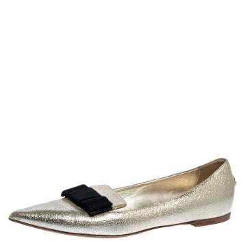 Pre Owned Jimmy Choo Metallic Gold Textured Leather Gala Bow Ballet Flats Size 37.5