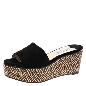 Pre Owned Jimmy Choo Black Suede Raffia Wedge Slide Sandals Size 41