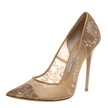 Pre Owned Jimmy Choo Beige Lace Love Pointed Toe Pumps Size 37.5