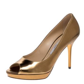 Pre Owned Jimmy Choo Metallic Gold Leather Peep Toe Platform Pumps Size 38.5