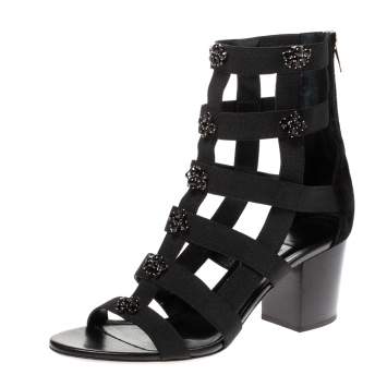 Pre Owned Jimmy Choo Black Elastic and Suede Jeweled Myriad 65 Gladiator Sandals Size 40