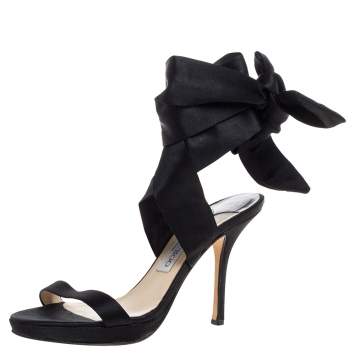 Pre Owned Jimmy Choo Black Satin Ankle Wrap Platform Sandals Size 37.5