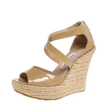 Pre Owned Jimmy Choo Beige Patent Leather Espadrille Wedge Platform Sandals Size 38