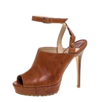 Pre Owned Jimmy Choo Brown Leather Peep Toe Ankle Strap Sandals Size 38