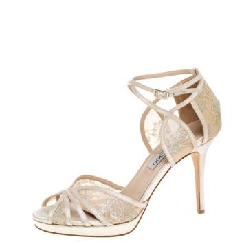 Pre Owned Jimmy Choo Cream Satin And Lace Fable Ankle Strap Sandals Size 39
