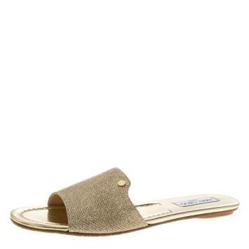 Pre Owned Jimmy Choo Metallic Gold Glitter Fabric Nanda Flat Slides Size 42