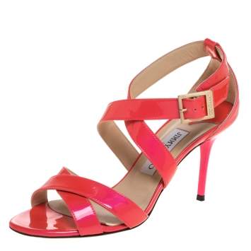 Pre Owned Jimmy Choo Pink Patent Louise Strappy Sandals Size 38.5