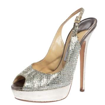 Pre Owned Jimmy Choo Metallic Gold Glitter Fabric And Embossed Leather Verity Peep Toe Platform Slingback Sandals Size 39