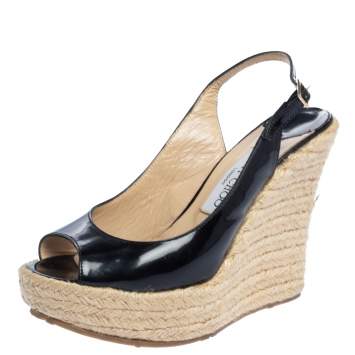 Pre Owned Jimmy Choo Black Patent Leather Polar Slingback Espadrille Wedge Sandals Size 37