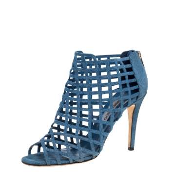 Pre Owned Jimmy Choo Blue Denim Dassa Peep Toe Cage Ankle Boots Size 41
