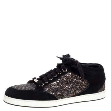 Pre Owned Jimmy Choo Black Glitter And Suede Miami Low Top Sneakers Size 40