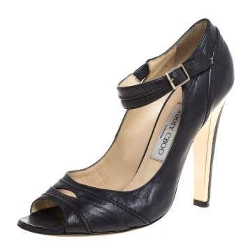 Pre Owned Jimmy Choo Navy Blue Leather Mary Jane Peep Toe Pumps Size 38.5