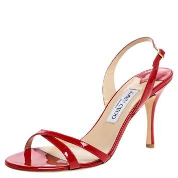 Pre Owned Jimmy Choo Red Patent Leather Cross Strap Sandals Size 40.5