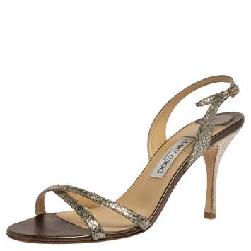 Pre Owned Jimmy Choo Silver/Gold Glitter Cross Strap Singback Sandals Size 41