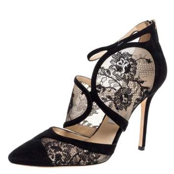 Pre Owned Jimmy Choo Black Suede and Lace Fyber Ankle Strap Pumps Size 39