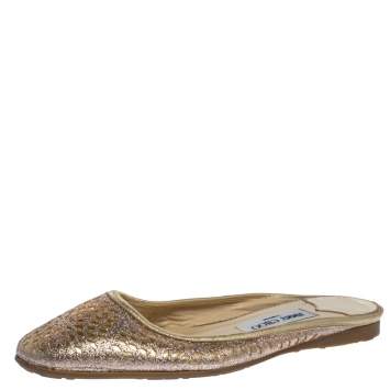 Pre Owned Jimmy Choo Shimmery Gold Laser Cut Leather Flat Mules Size 38.5