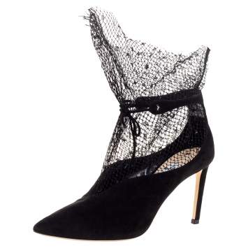 Pre Owned Jimmy Choo Black Suede Leanne Mesh Detail Ankle Strap Pumps Size 39