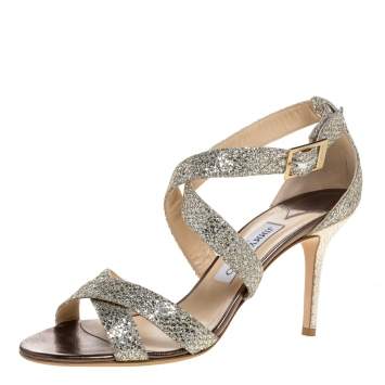 Pre Owned Jimmy Choo Metallic Silver Glitter Fabric Lottie Cross Strap Sandals Size 40