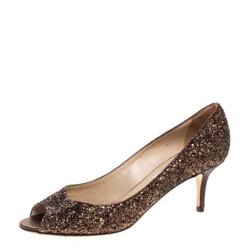 Pre Owned Jimmy Choo Metallic Bronze Coarse Glitter Fabric Luna Peep Toe Pumps Size 39.5
