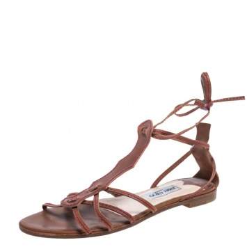 Pre Owned Jimmy Choo Brown Leather Stitch Detail Gladiator Ankle Wrap Flat Sandals Size 41