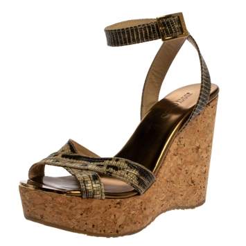 Pre Owned Jimmy Choo Gold/Beige Lizard Embossed Leather Cork Wedge Platform Ankle Strap Sandals Size 36