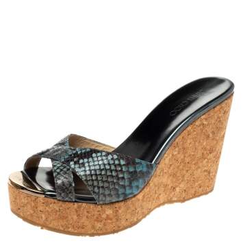 Pre Owned Jimmy Choo Metallic Blue Python Embossed Leather Perfume Cork Wedge Platform Slide Sandals Size 39