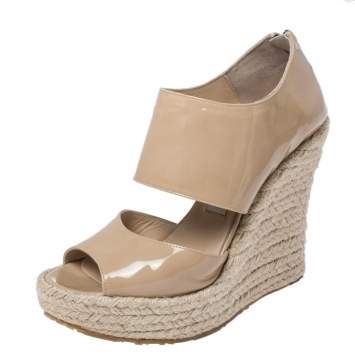 Pre Owned Jimmy Choo Beige Patent Patriot Espadrille Wedge Cut Out Booties Size 38.5