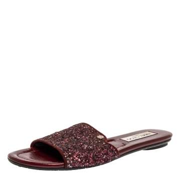 Pre Owned Jimmy Choo Metallic Burgundy Coarse Glitter Nanda Flat Slides Size 38