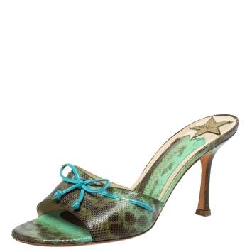 Pre Owned Jimmy Choo Vintage Green/Brown Lizard Skin Bow Mule Sandals Size 38.5
