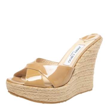 Pre Owned  Jimmy Choo Beige Patent Leather Phyllis Espadrilles Platform Wedges Sandals Size 39
