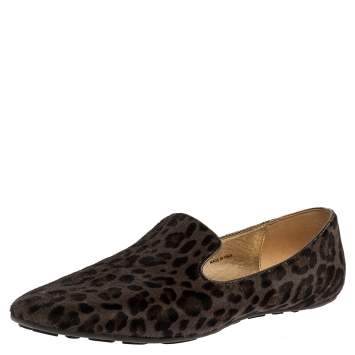 Pre Owned Jimmy Choo Grey Leopard Print Calf Hair Wheel Smoking Slippers Size 39