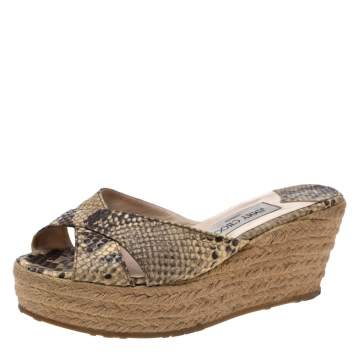 Pre Owned Jimmy Choo Beige/Black Python Embossed Leather Espadrille Wedge Platform Slide Sandals Size 39