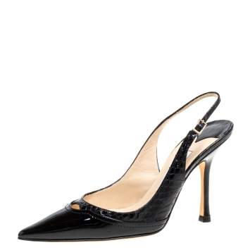 Pre Owned Jimmy Choo Black Patent Leather and Python Effect Leather Slingback Pointed Toe Pumps Size 37.5