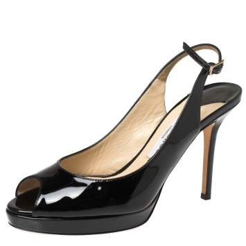 Pre Owned Jimmy Choo Black Patent Leather Nova Slingback Peep Toe Platform Sandals Size 37