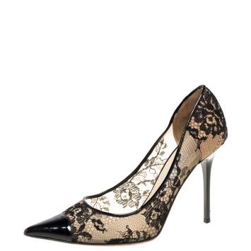 Pre Owned Jimmy Choo Black Lace And Patent Leather Amika Cap Toe Pointed Pumps Size 37.5