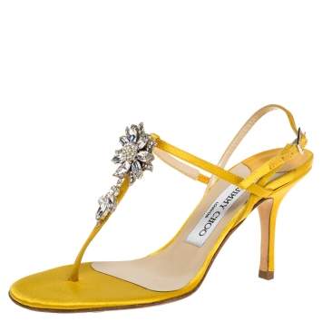 Pre Owned Jimmy Choo Yellow Satin Crystal Embellished T-Strap Slingback Sandals Size 36