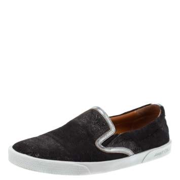 Pre Owned Jimmy Choo Black/Silver Fabric, Lace and Patent Leather Demi Slip On Sneakers Size 37