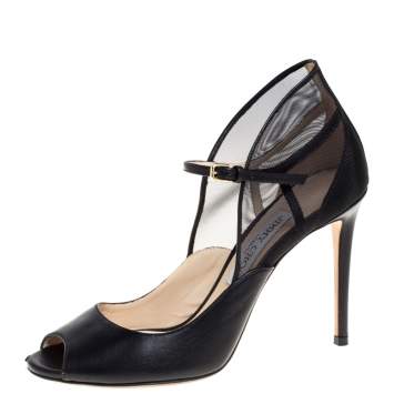 Pre Owned Jimmy Choo Black Leather Mesh Trudie Peep Toe Ankle Strap Pumps Size 38