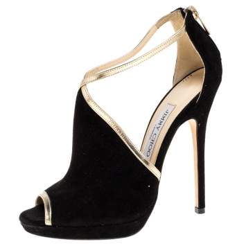 Pre Owned Jimmy Choo Black Suede Leather Platform Ankle Strap Sandals Size 37.5