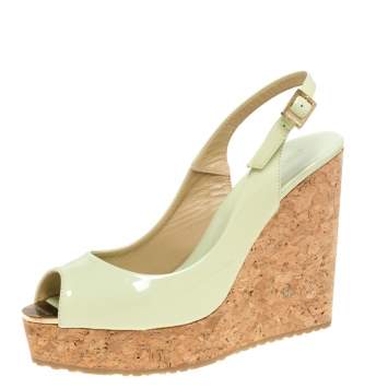 Pre Owned Jimmy Choo Light Green Patent Leather Prova Slingback Cork Wedge Sandals Size 38